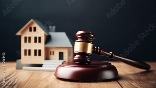 gavel and house on table. property concept