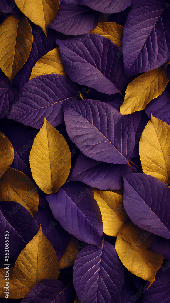 Metallic autumn leaves. Purple and yellow decorative background. Flat lay. Metallic autumn leaves. Purple and yellow decorative background. Flat lay.