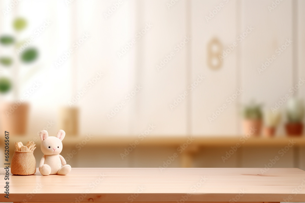 Empty wooden table top and blurred kids room interior on the background - obrazy, fototapety, plakaty 