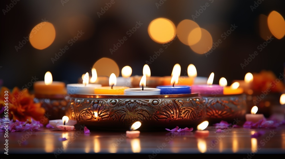Happy Diwali, Indian festival of lights Diwali symbolizes the victory of light over darkness, of good over evil and knowledge over ignorance. banner, copy space, background, text. Happy Diwali, Indian festival of lights Diwali symbolizes the victory of light over darkness, of good over evil and knowledge over ignorance. banner, copy space, background, text.