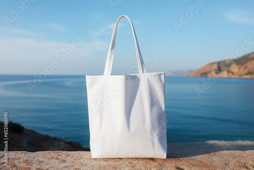 Blank Eco Cotton Tote Bag with Sea Background. White Shopper Mock-up
