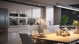 Modern minimalist kitchen interior. White flat facades, stone countertop, built-in home appliances, big fridge, work surface lighting. Dining area. Contemporary home design. 3D rendering.
