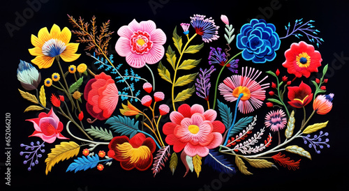 Mexican textile broidery floral composition on black background. Colorful flowers embroidered
