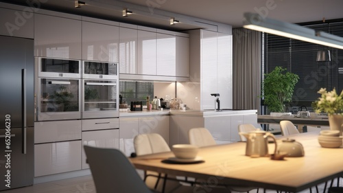 Modern minimalist kitchen interior. White flat facades, stone countertop, built-in home appliances, big fridge, work surface lighting. Dining area. Contemporary home design. 3D rendering. © Georgii
