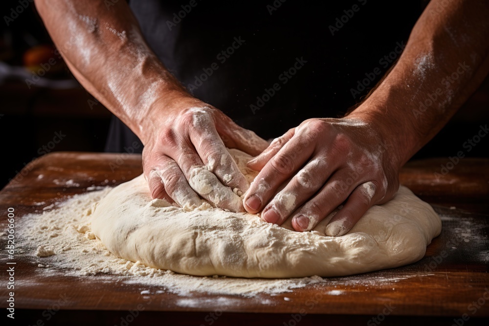 hands of a male cook kneading dough on a wooden table hands of a male cook kneading dough on a wooden table