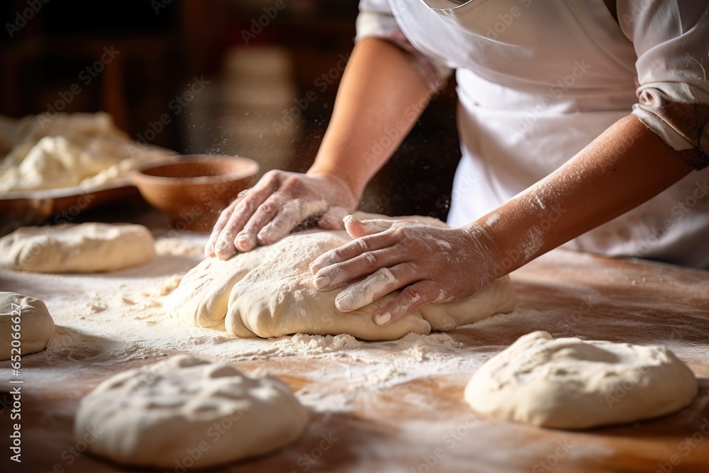 closeup of a female chef's hands making dough on the table in a kitchen flooded with sunlight