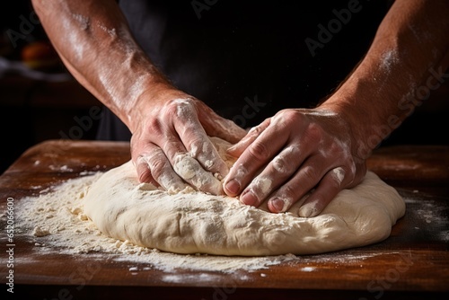hands of a male cook kneading dough on a wooden table