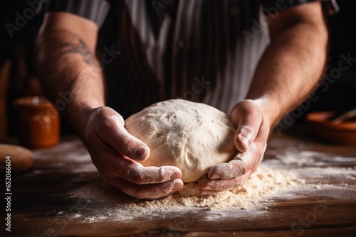closeup of a male chef's hands kneading dough on a wooden table