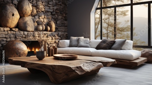 Interior of modern cozy living room with rustic decor in luxury villa. Stylish sofa, rough wooden coffee table, fireplace, decorative stone wall, panoramic window. Eco home design. 3D rendering.
