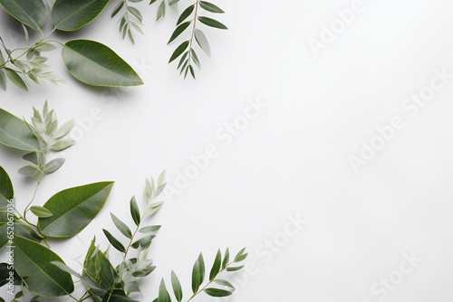 Natural green branches with leaves on empty grey background with copy space © Mkorobsky