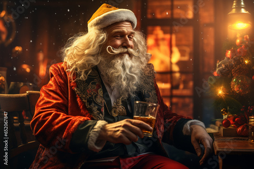Santa Claus with a glass of whiskey. Cheerful and funny grandfather frost on the eve of the new year wishes you a happy holiday. winter, performance is amusing. photo
