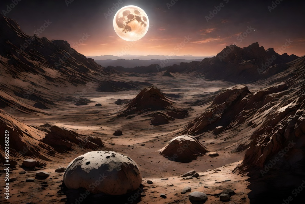 A rocky, moon-like terrain with a distant view of a planet on the horizon
