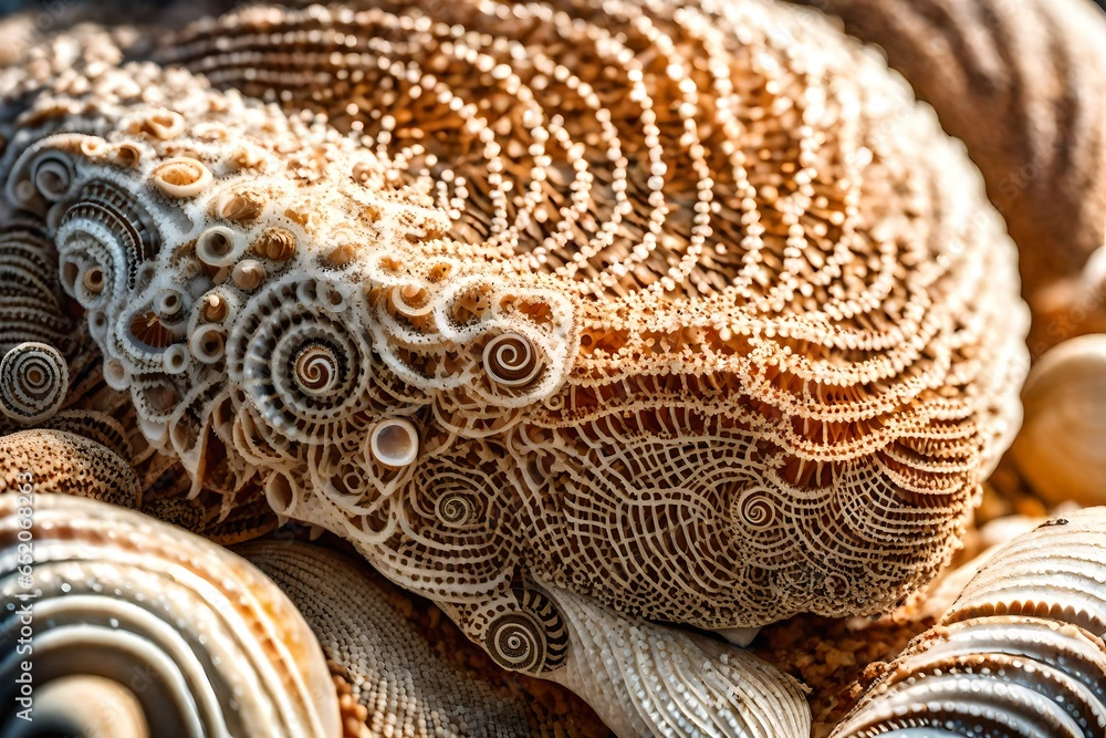 A close-up of the textured surface of a seashell covered in tiny, intricate spirals.