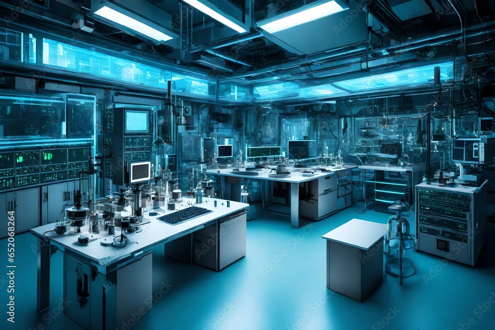 High-tech laboratory with glowing equipment and holographic displays High-tech laboratory with glowing equipment and holographic displays