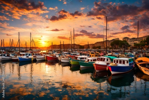 A bustling harbor filled with colorful boats and a vibrant sunset in the background