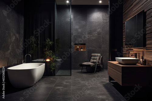 Dark bathroom interior with black wooden walls, white bathtub.