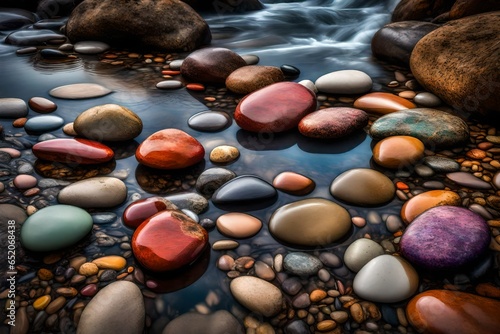A cluster of colorful, textured stones by the edge of a serene river, polished smooth by water.