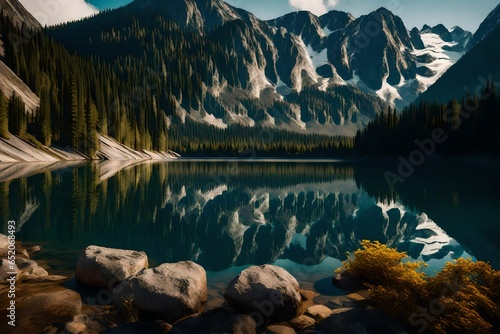 The rippling textures of a calm lake's surface, reflecting the surrounding mountains and trees.