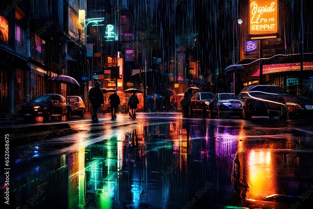 An abstract pattern of neon lights reflected in rain-slicked city streets.