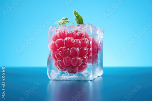 Frozen raspberry in an ice club on a neon background