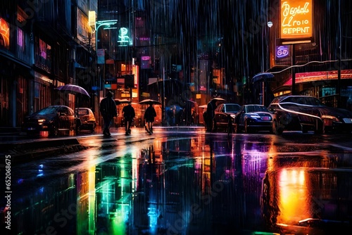 An abstract pattern of neon lights reflected in rain-slicked city streets.