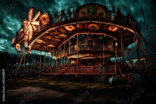Eerie abandoned carnival at midnight with flickering lights
