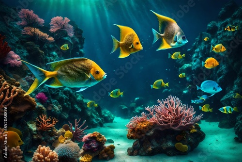 A surreal underwater world with exotic fish and vibrant coral reefs.