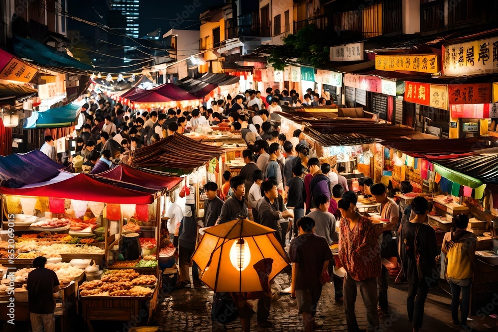 A bustling Asian night market with colorful stalls and street food vendors.