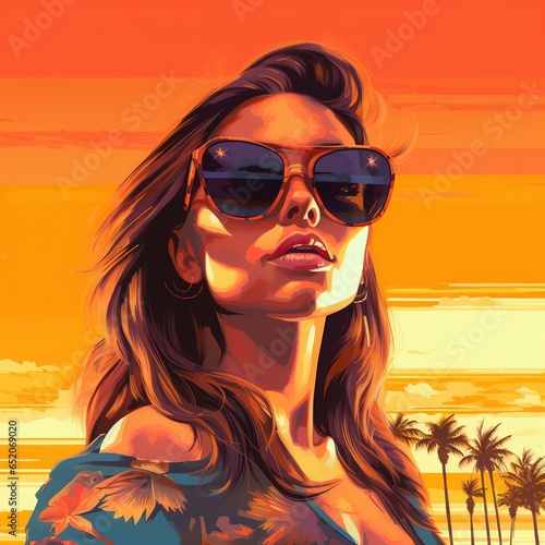 Pretty woman with eyeglasses in beach pop art style. AI generated image