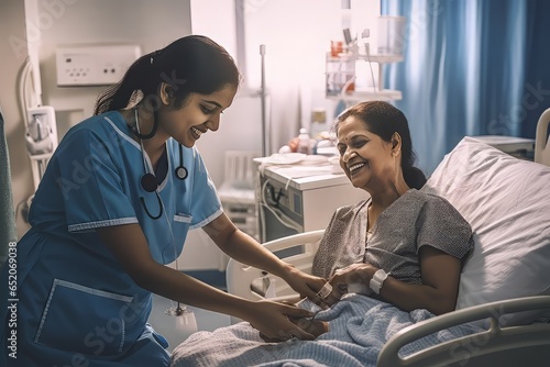 Nurse Caring for a Patient, compassionate healthcare worker, medical care in a hospital room, patient recovery, nursing duties photo
