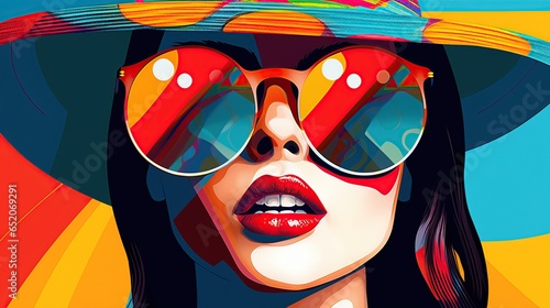 Pretty woman with eyeglasses wear a hat colorful pop art style. AI generated image