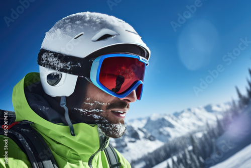 Portrait of a man skier against the background of mountains on a sunny day