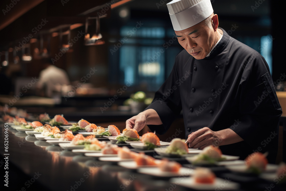 A sushi chef serves sushi in a luxury restaurant - obrazy, fototapety, plakaty 