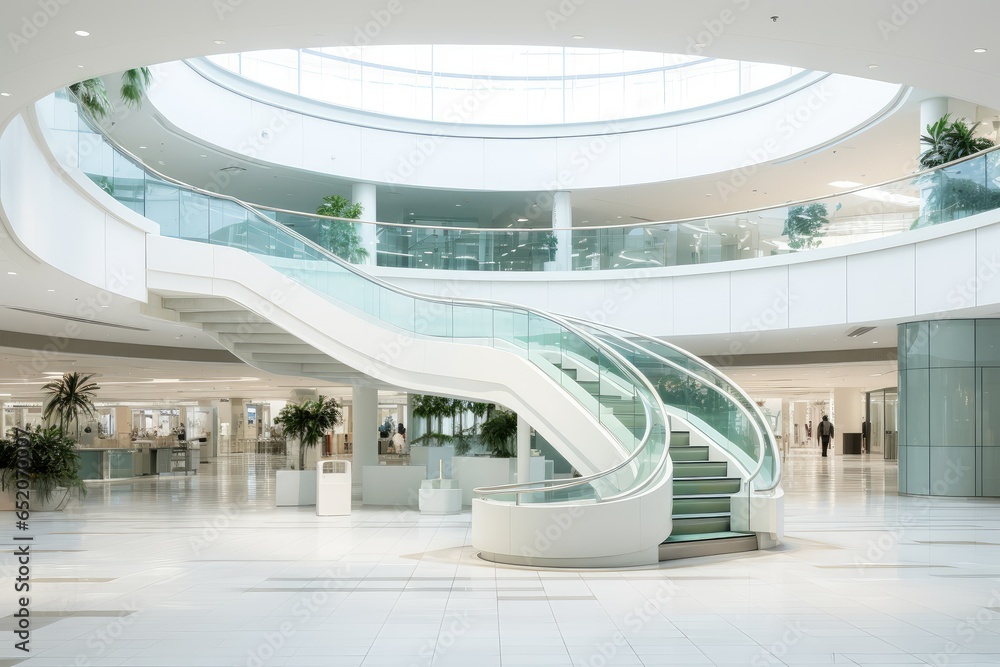 Clean and bright shopping mall interior design, elevators and stairs ...