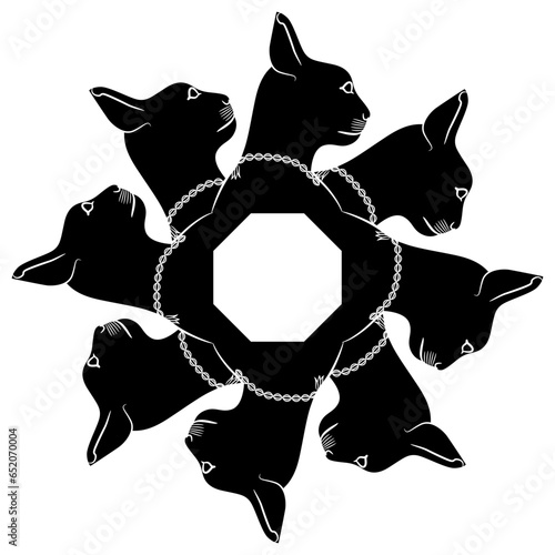 Round animal design with heads of ancient Egyptian cat goddess Bastet. Black and white silhouette.