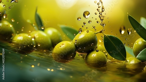 Fresh olive fruit on water or oil. AI generated image