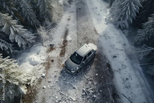 Winter car accident with a car wreck on snowy street