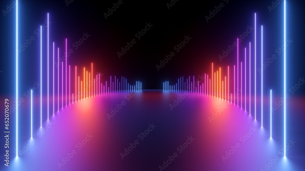 3d render, abstract geometric background. Vertical lines glowing in the dark. Neon equalizer graph. Empty stage. Blue red gradient, ultraviolet light. Modern minimalist technology wallpaper