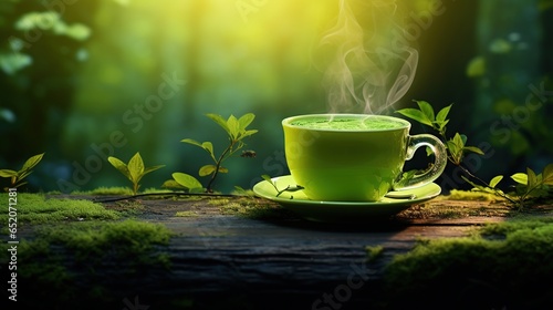 Hot tea cup nature background. AI generated image © is