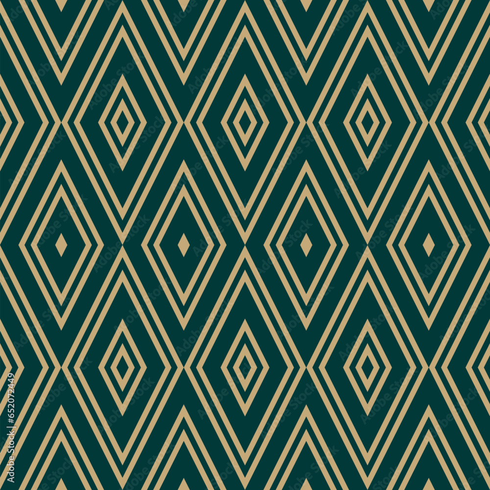 Abstract rhombuses geometric seamless pattern. Golden vector background with lines, outline diamonds. Simple plaid ornament. Elegant dark green and gold texture. Repeat geo design for decor, textile