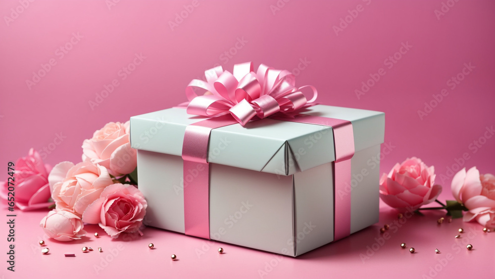 Birthday gift box on blue light background. Backdrop with copy space Birthday gift box on blue light background. Backdrop with copy space