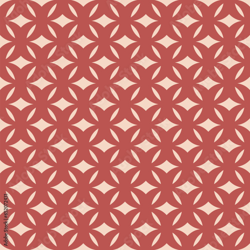 Vector geometric seamless pattern in retro vintage style. Abstract texture with curved shapes, diamonds, grid, mesh, lattice. Stylish elegant geometrical background. Red and beige color repeat design