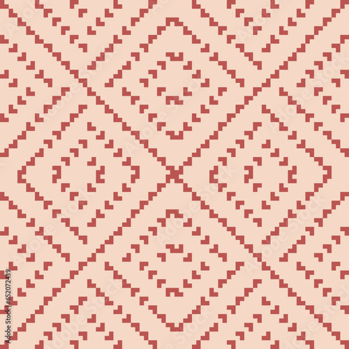Ethnic geometric seamless pattern. Vector abstract texture in warm tones, red and beige. Traditional folk ornament. Simple minimal retro vintage background. Elegant ornamental knit repeated geo design