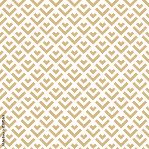 Golden vector geometric seamless pattern with lines, arrows, squares, rhombuses, grid. Luxury abstract white and gold graphic ornament. Modern minimal background texture. Elegant repeat geo design