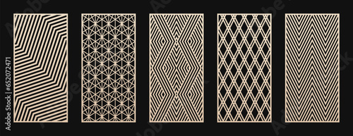 Laser cut patterns. Vector set with abstract geometric ornament, lines, stripes, chevron, zigzag, diamond grid. Decorative stencil for laser, CNC cutting of wood, metal, plastic. Aspect ratio 1:2