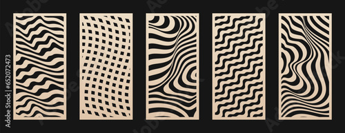 Decorative stencil for laser cut, CNC cutting. Set of vector abstract patterns with wavy lines, flow shapes, optical illusion. Modern template for cutting of wood, metal, paper. Aspect ratio 1:2