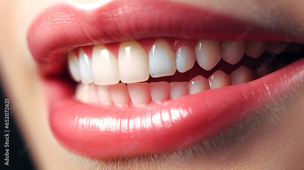 Obraz premium The smile of a woman with his mouth wide open. Dental care and whitening teeth. Stomatology and beauty care.Snow-white healthy teeth. Daily oral hygiene.
