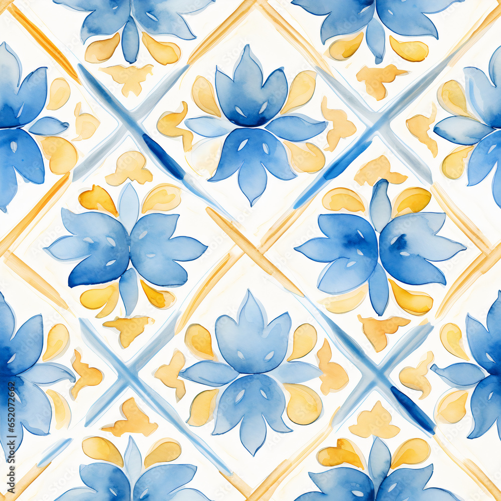 Azulejo repeat seamless pattern background in watercolor and acrylic style