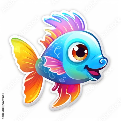 A colorful fish with a big smile on it's face. Digital art. Cute rainbow sticker. © tilialucida