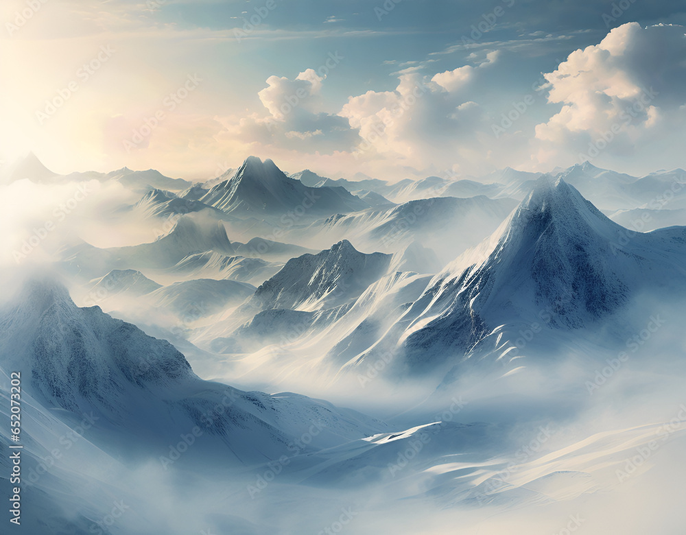 Panoramic view of snowy mountains in the cloud